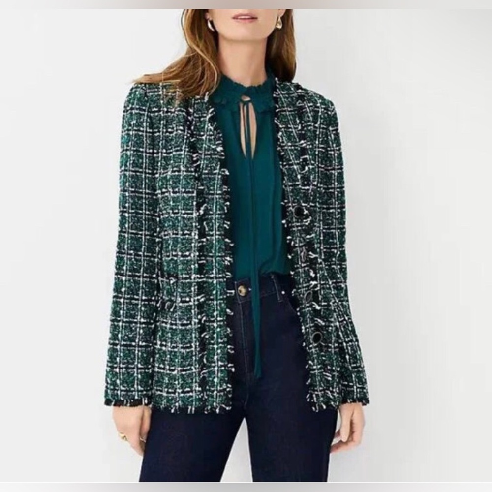 Ann Taylor Tweed Shimmer Green V-Neck Cardigan Jacket Size 8‎